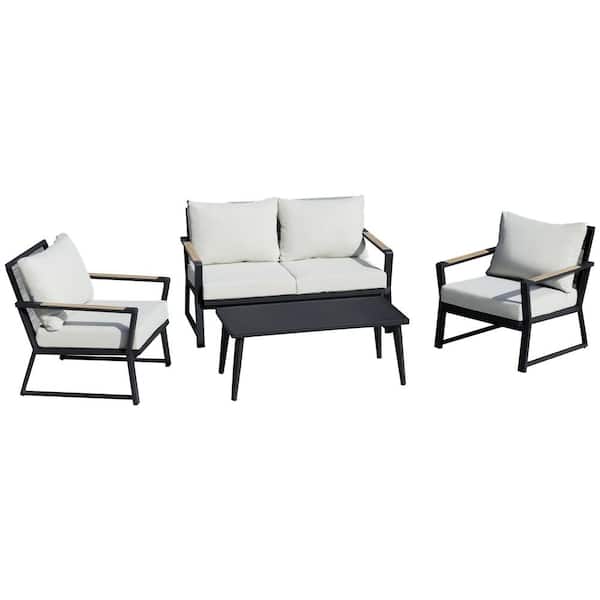 FORCLOVER 4-Piece Aluminum Patio Conversation Set with Cream Cushions