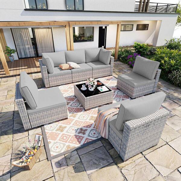 muphyers 7-Piece Wicker Outdoor Sectional Set Sofa Couch with Grey