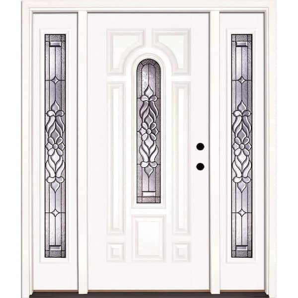 Feather River Doors 59.5 in.x81.625in.Lakewood Patina Center Arch Lt Unfinished Smooth Left-Hand Fiberglass Prehung Front Door w/Sidelites