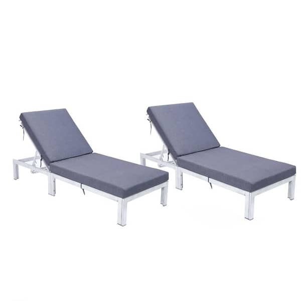 Leisuremod Chelsea Modern Weathered Grey Aluminum Outdoor Chaise Lounge Chair with Blue Cushions Set of 2