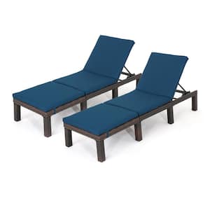 Multi-Brown 2-Piece Faux Rattan Outdoor Chaise Lounge Set with Blue Cushions