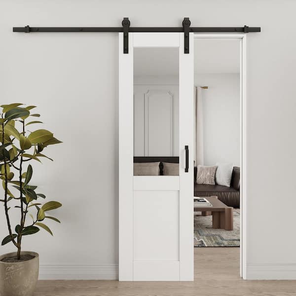 EH PUERTA 24 in. x 80 in. No Assembly Required 1/2-Lite Mirrored Glass White Primed MDF Sliding Barn Door with Hardware Kit