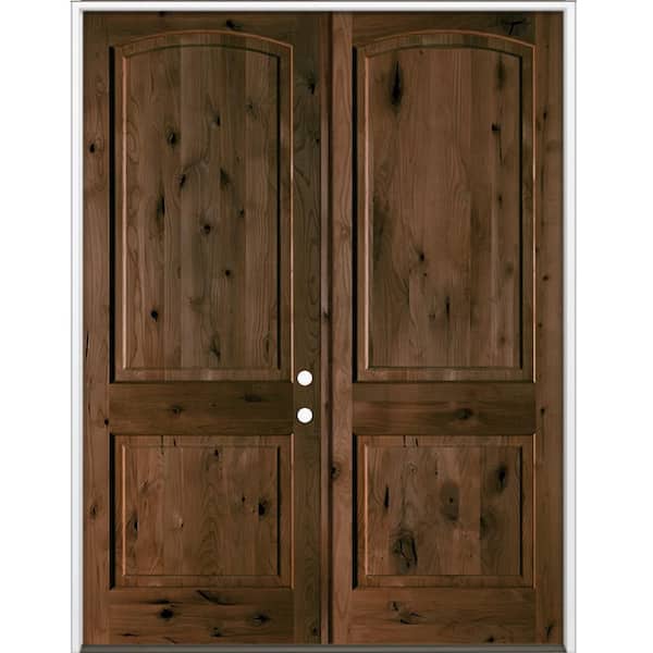 60 in. x 96 in. Rustic Knotty Alder 2-Panel Arch-Top Active Left Double BEHR Espresso Stain Wood Prehung Front Door