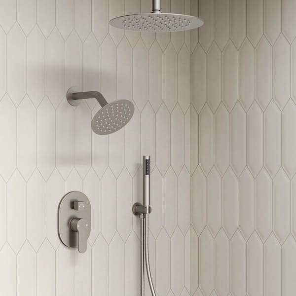 3-Spray 10 and 6 in. Dual Shower Heads Ceiling Mount and Handheld Shower Head in Brushed Nickel (Valve Included)