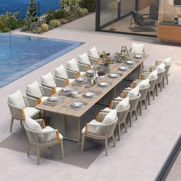 17-Piece Aluminum All-Weather Wicker Outdoor Dining Set with Cushion, Beige