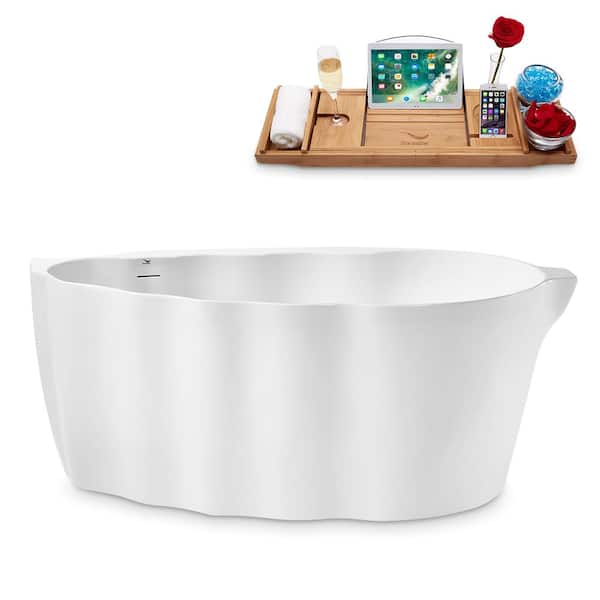 Streamline 59 in. Acrylic Freestanding Flatbottom Non-Whirlpool Bathtub in Glossy White with Polished Gold Drain