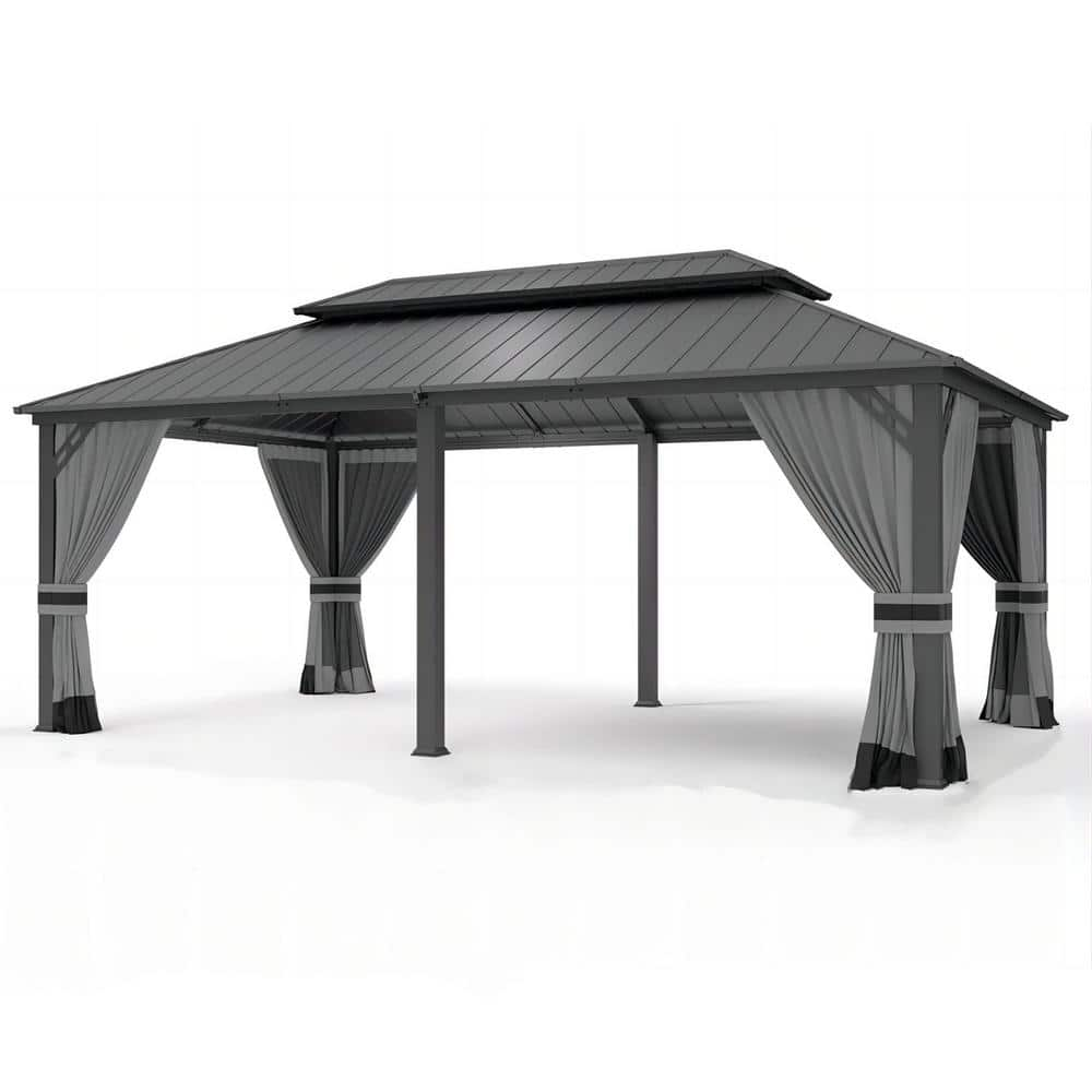 Halmuz 12 ft. x 20 ft. Gray Hardtop Gazebo with Curtain Grey Gazebo20 ...