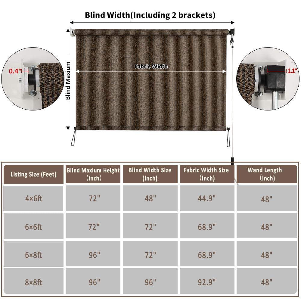 Mocha 6' x 6' Cordless Roll-Up Outdoor Shade Cloth with UV Protection