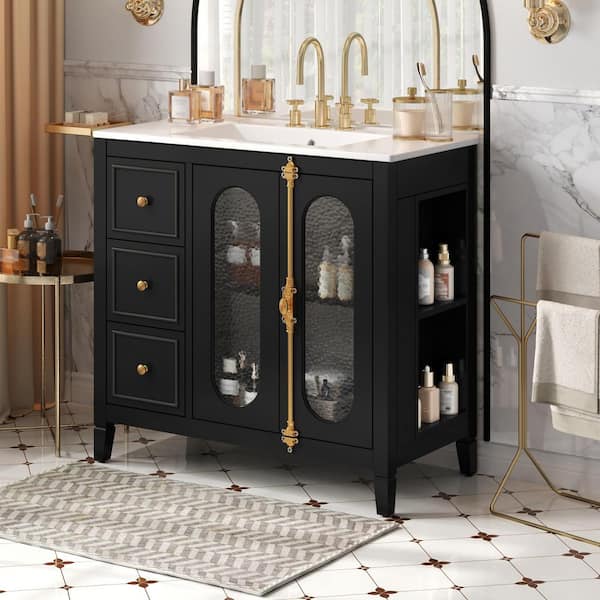 36 in. Freestanding Black Bath Vanity with White Ceramic Top 2 Soft-close Doors and 3 Drawers