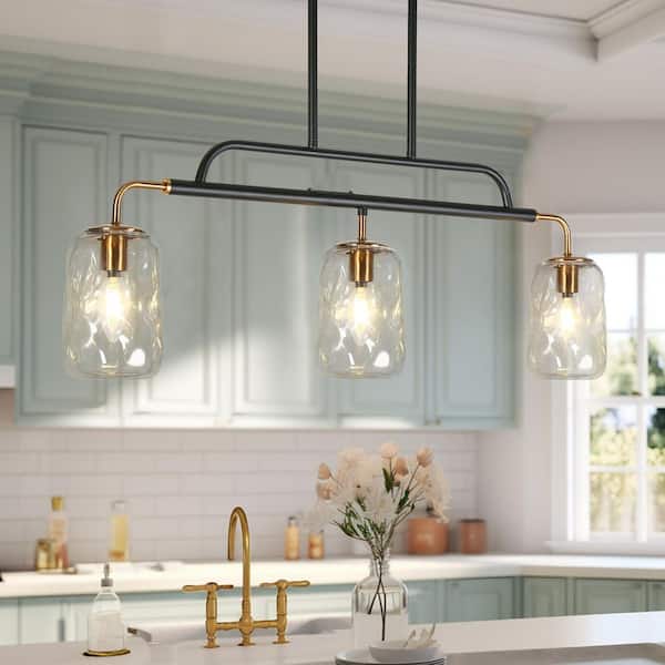 Modern 3-Light Gunmetal Gray and Plating Brass Linear Island Chandelier for Kitchen with Textured Glass Mason Jar Shades