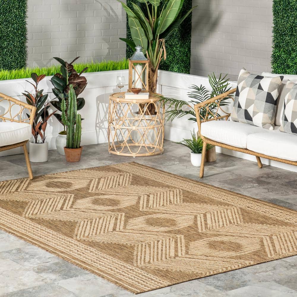 Casual Bohemian Light Brown Tribal 5x8 ft Indoor/Outdoor Rug