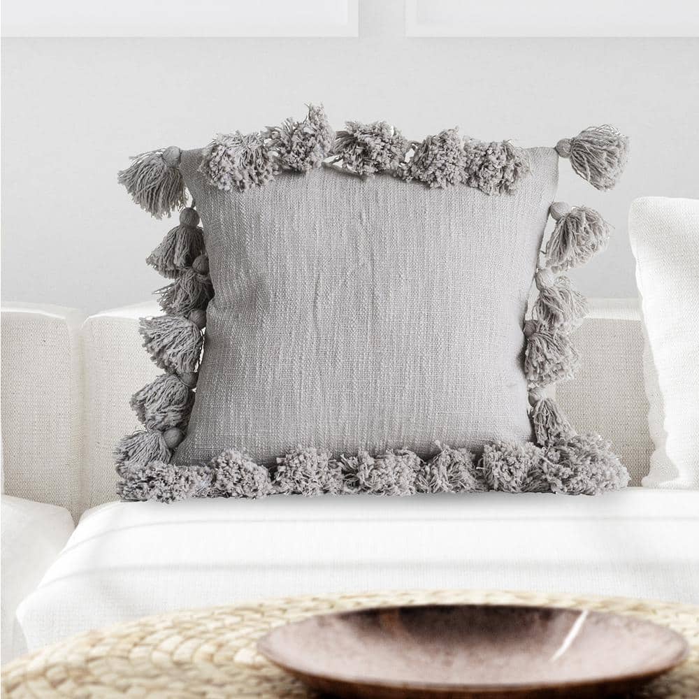 Gray Square Cotton Slub Pillow with Tassels