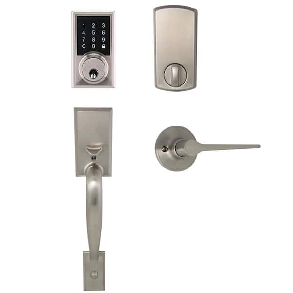 Defiant Alexander Satin Nickel Door Handleset with Square Electronic Single Cylinder Touchpad Deadbolt & Freedom Interior Lever