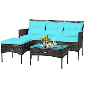 Brown 3-Piece Wicker Outdoor Patio Sectional Sofa Seating Set with Turquoise Cushions