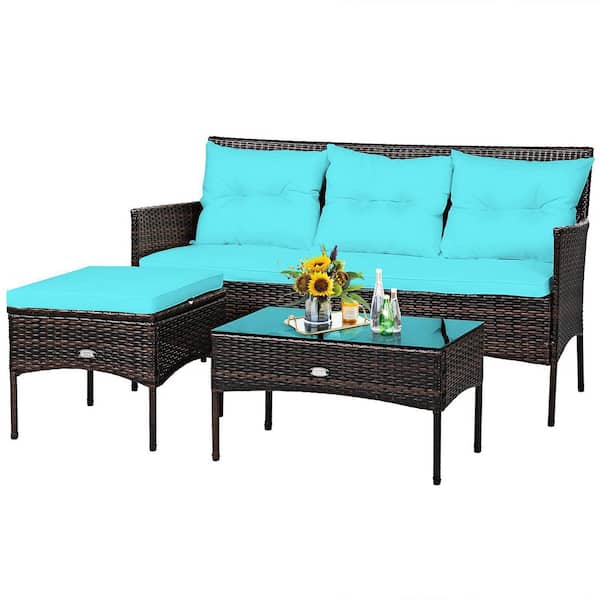 Brown 3-Piece Wicker Outdoor Patio Sectional Sofa Seating Set with Turquoise Cushions