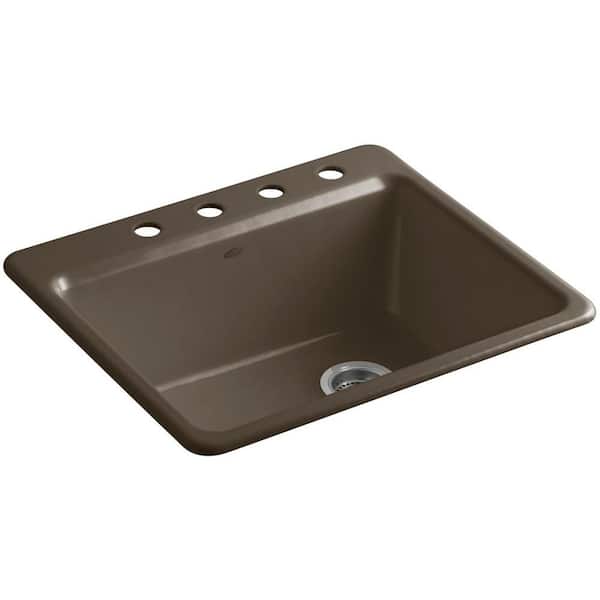 KOHLER Riverby Drop-In Cast-Iron 25 in. 4-Hole Single Bowl Kitchen Sink Kit with Bowl Rack in Suede