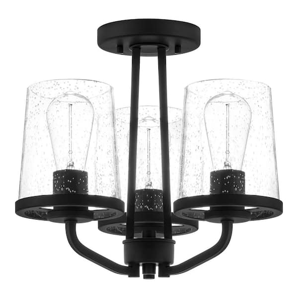 Hampton Bay Grantsville 14 in. 3-Light Matte Black Semi-Flush Mount with Clear Seedy Glass Shades