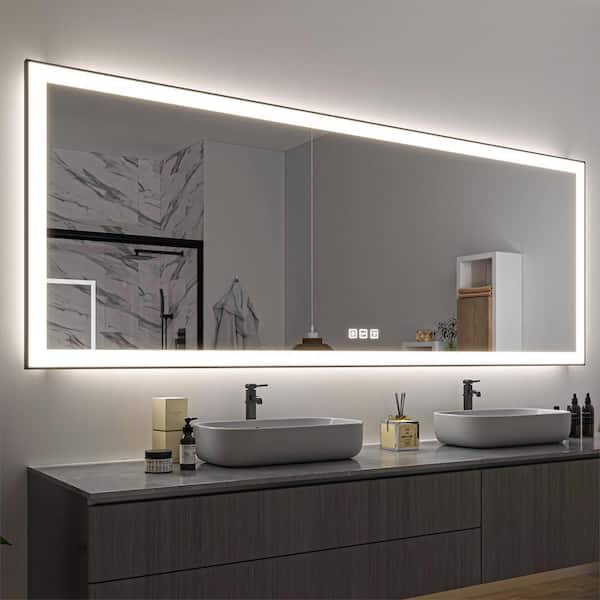 96 in. W x 36 in. H Rectangular Framed LED Anti-Fog Wall Mirror in Black with Backlit and Front Light