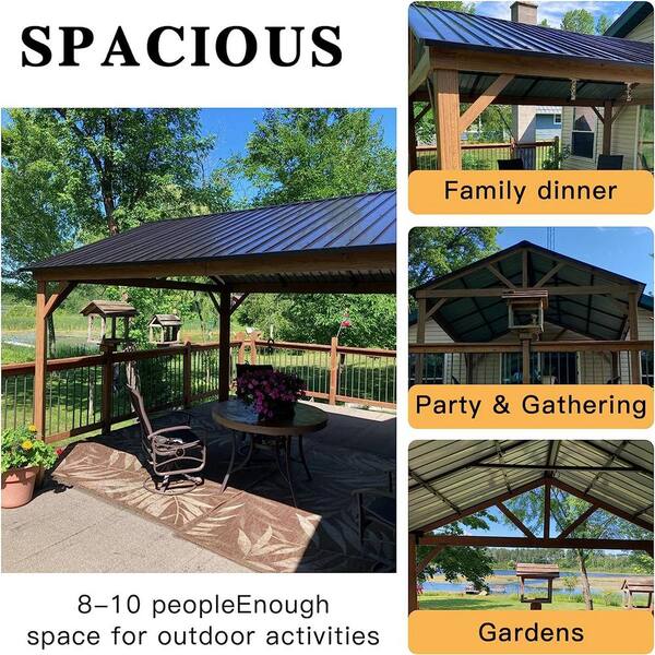 Unbranded - 12 ft. W x 14 ft. L Outdoor Aluminum Hard Top Gazebo with Galvanized Steel Gable Canopy for Patio Backyard Yellow Brown