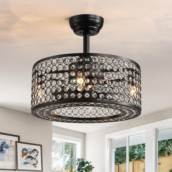 ANTOINE 17 in. Black Ceiling Fan Caged Ceiling Fan Indoor with Lights and Remote Enclosed Ceiling Fan Crystal Fandelier