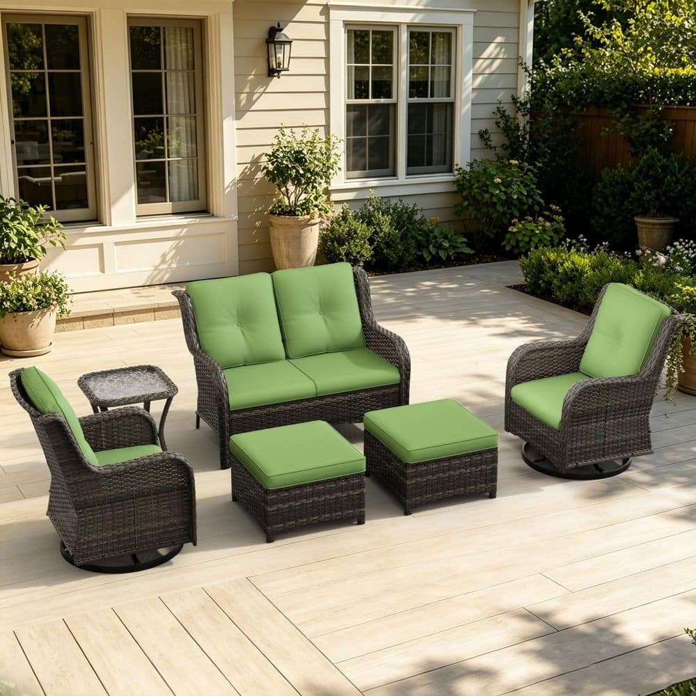 6-Piece Wicker Outdoor Patio Conversation Set Sectional Sofa with Ottomans, Swivel Rocking Chair and Green Cushions price history on PriceWatchPro