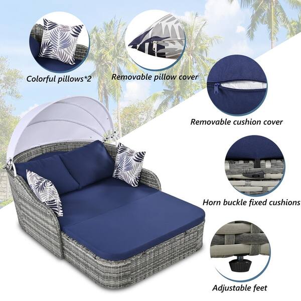 90.5" Length Outdoor Sunbed With Colorful Pillows, Wicker Patio Daybed With Cushions Tent Shape Gray And Blue