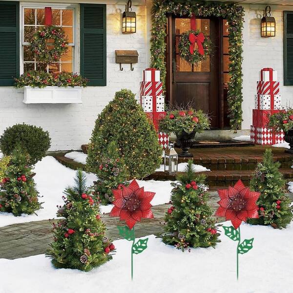 2-Pack Poinsettia Garden Stakes-Metal Red Flower Christmas Outdoor