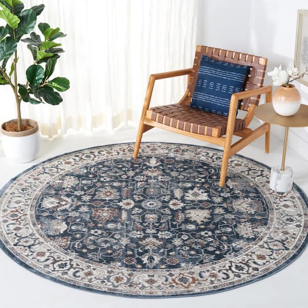 Bayside Blue/Grey 7 ft. x 7 ft. Machine Washable Border Medallion Round Area Rug
