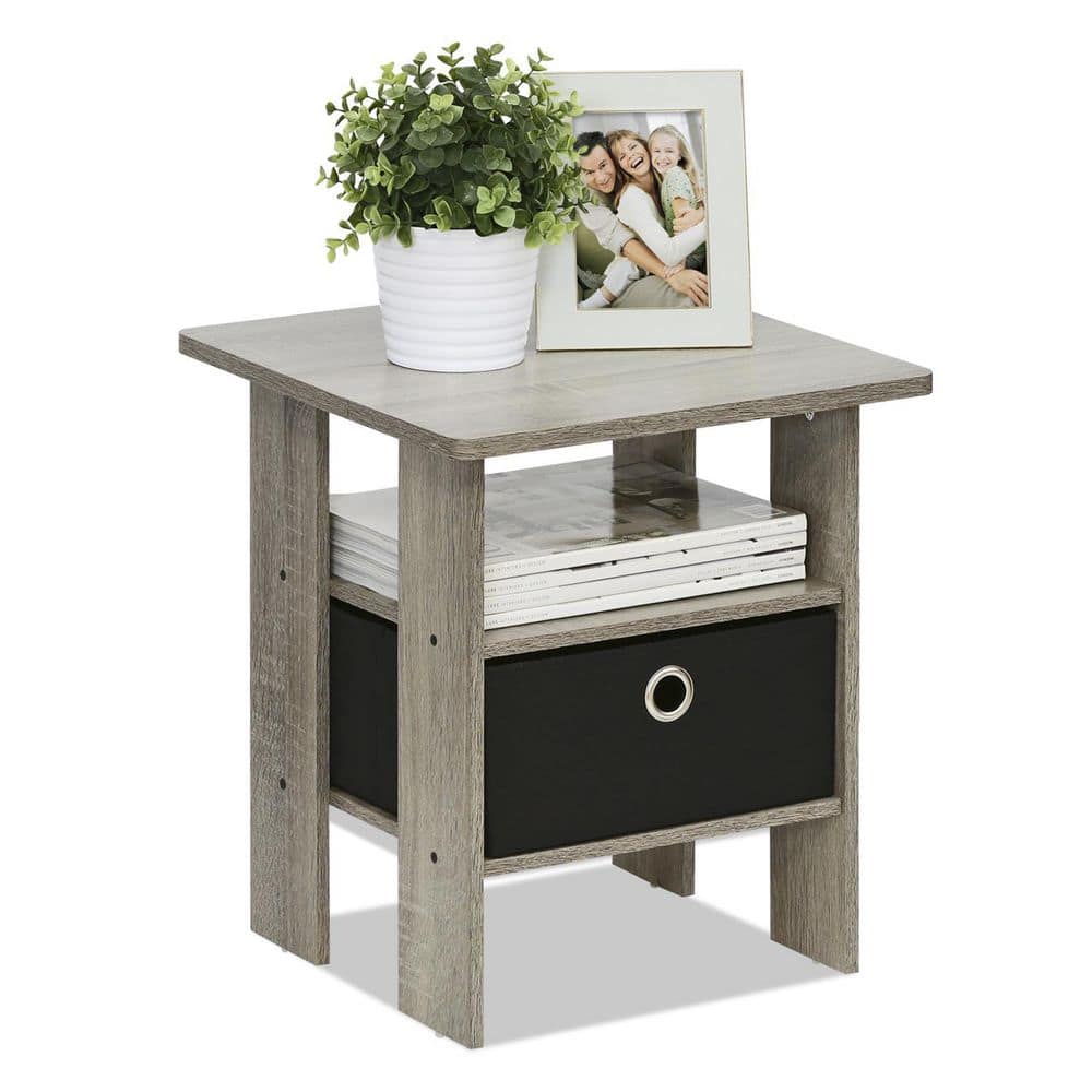 French Oak Grey and Black Engineered Wood End Table with Storage