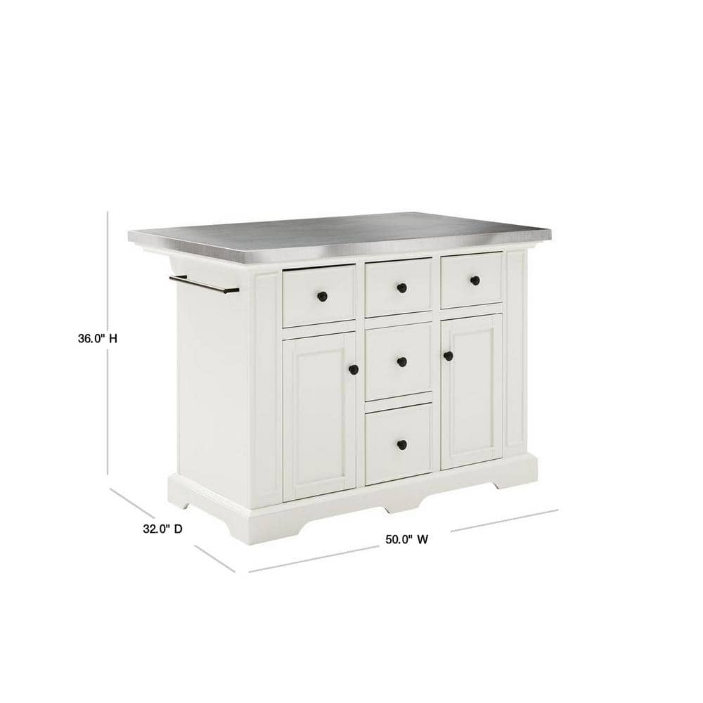 Julia White Kitchen Island with Stainless Steel Top