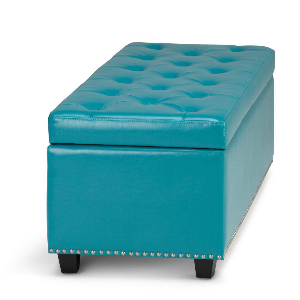 Mediterranean Blue Tufted Bonded Leather Large Storage Ottoman