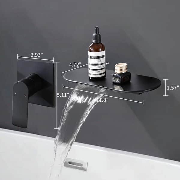 10-in Wall Mount Bathtub Faucet with Rough-in Valve, 1-Handle Bathroom Sink Faucet Waterfall Tub Spout Matte Black