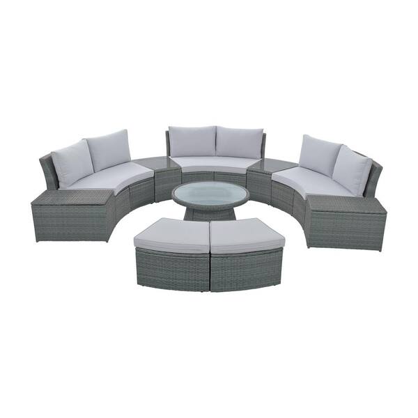 Unbranded 10-Piece Wicker Outdoor Patio Conversation Set Sectional Half Round Patio Rattan Sofa Set with Gray Cushions