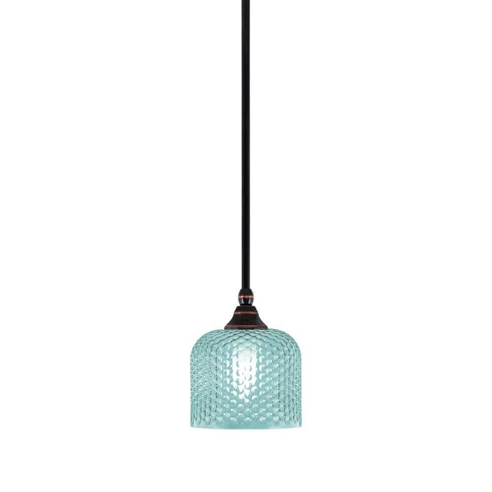 Sparta 100-Watt 1-Light Black Copper Mini Pendant Light with Turquoise Text