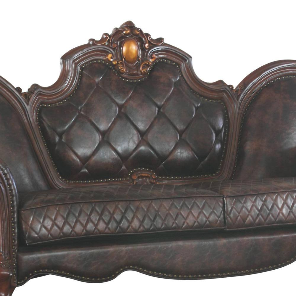 Vintage Cherry Oak Faux Leather Tufted Sofa with Nailhead Trim