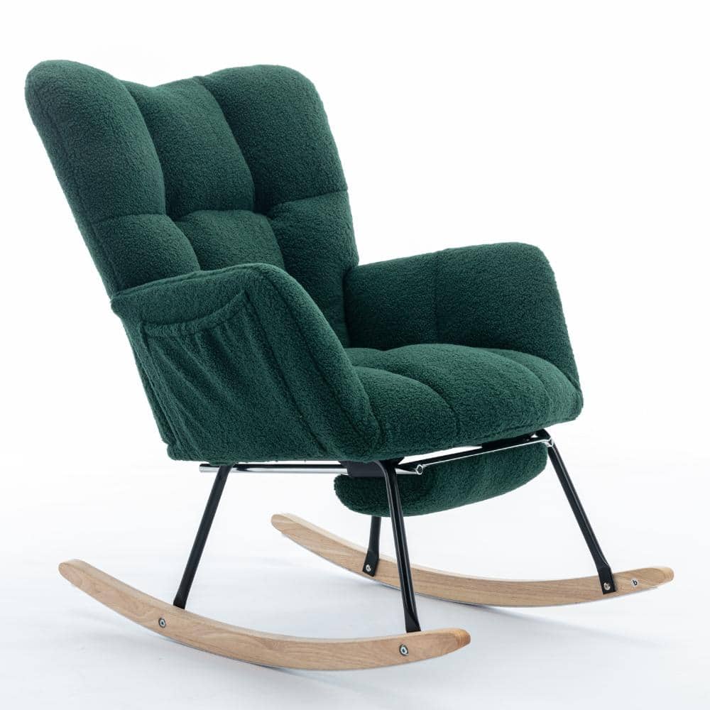 Green Teddy Fabric Rocking Chair with Adjustable Footstool, Set of 1, High Backrest, Side Pocket, Solid Wood Base & price history on PriceWatchPro