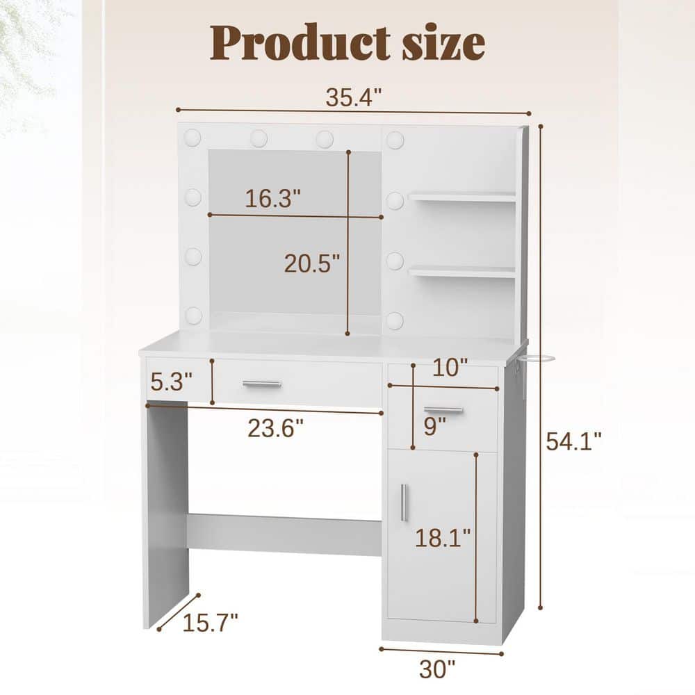 Vanity Desk with Lighted Mirror & Power Outlet, Makeup Vanity with Drawer & Cabinet White - thumbnail 3