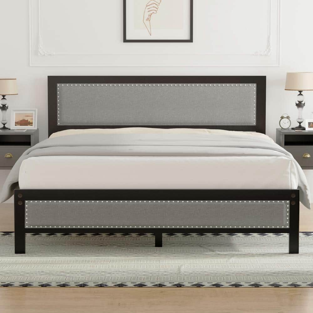 VECELO Metal Bed Frame Queen Gray with Linen Upholstered Headboard ...