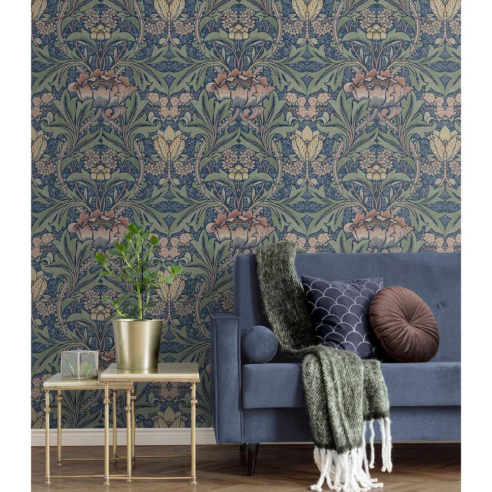 Denim Blue and Salmon Floral Vinyl-Coated Wallpaper
