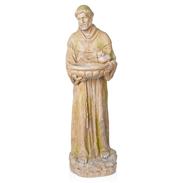 Old World St. Francis Statue w/Bird Feeder with Mossy Finish
