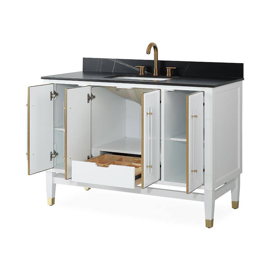 48" White Birch Wood Bathroom Sink Vanity with Black Countertop