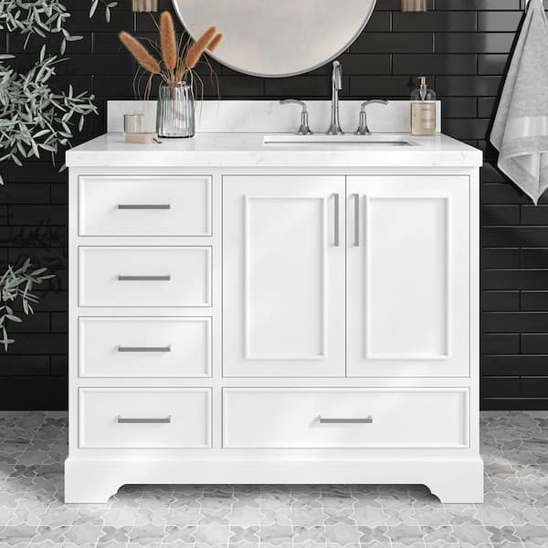 ARIEL Stafford 42 in. W x 22 in. D x 36 in. H Single Sink Freestanding Bath Vanity in White with Carrara White Quartz Top