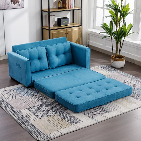 Harper & Bright Designs 59.4 in. Blue Chenille 2-Seater Loveseat Sofa with Pull-Out Bed and Side Pockets