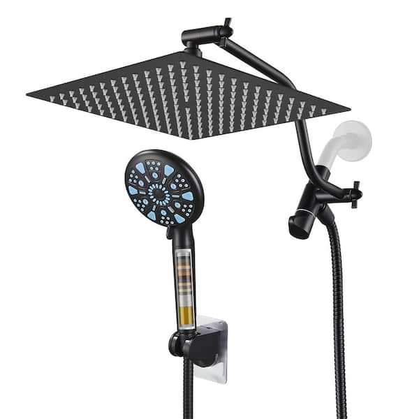 Rain 9-Spray Wall Mounted Dual Shower Head and Handheld Shower Head with Filter 2.5GPM 10 in. Fixed Shower Head in Black
