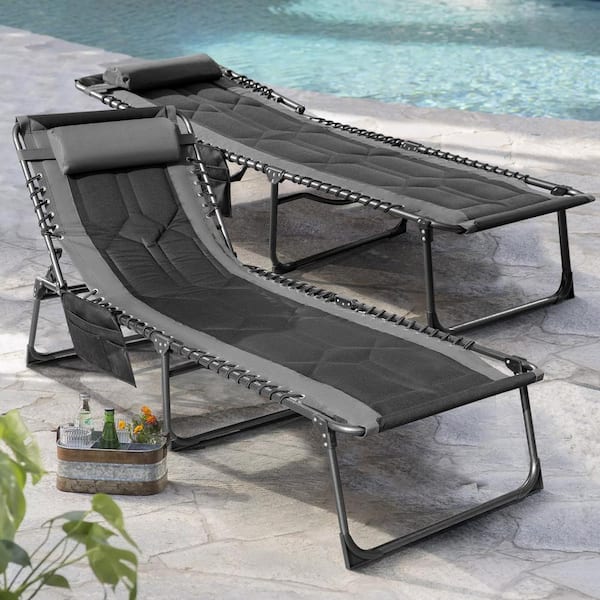 Foredawn Metal Outdoor Lounge Chairs Folding Chaise Lounge Chair, 4-Position Adjustable with Pillow and Side Pocket, Gray
