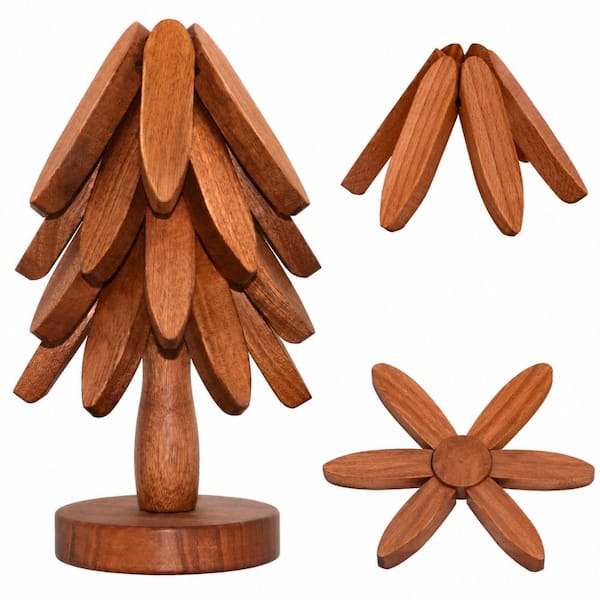Dark Brown Tree Trivet Set of 4 with Stand for Hot Dishes, Pans, Bowls and Teapots