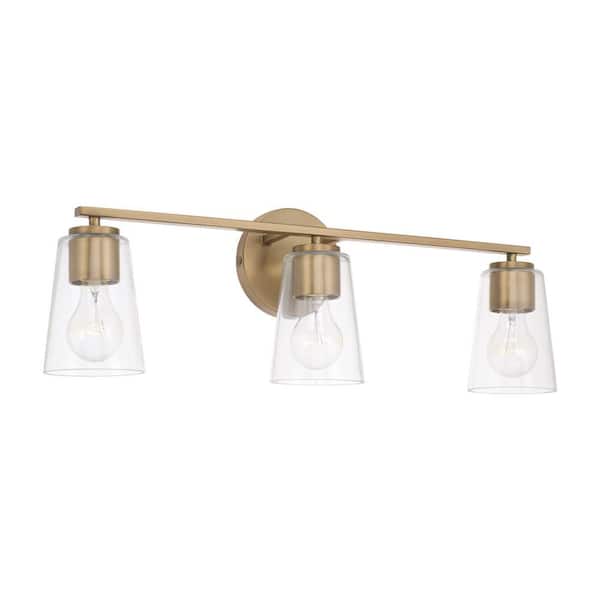HOMEPLACE LIGHTING 25 in. W x 8.25 in. H 3-Light Vanity Light in Aged Brass with Clear Glass