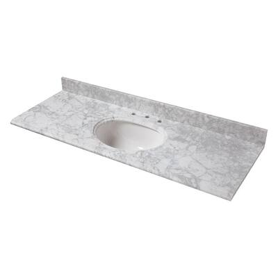 61 in. W Marble Vanity Top in Carrara with Single White Bowl and 8 in. Faucet Spread
