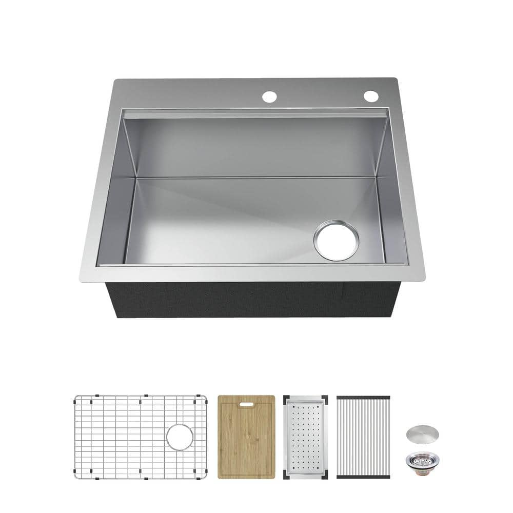 Glacier Bay Professional 27 in. Drop-In 16G Stainless Steel 2-Hole Single Bowl Workstation Kitchen Sink with Accessories, Silver