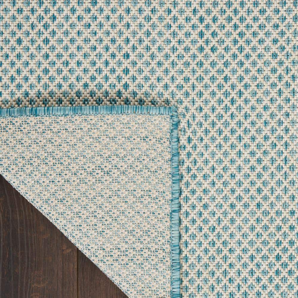 Ivory Aqua Geometric Flat Woven Synthetic Runner Rug